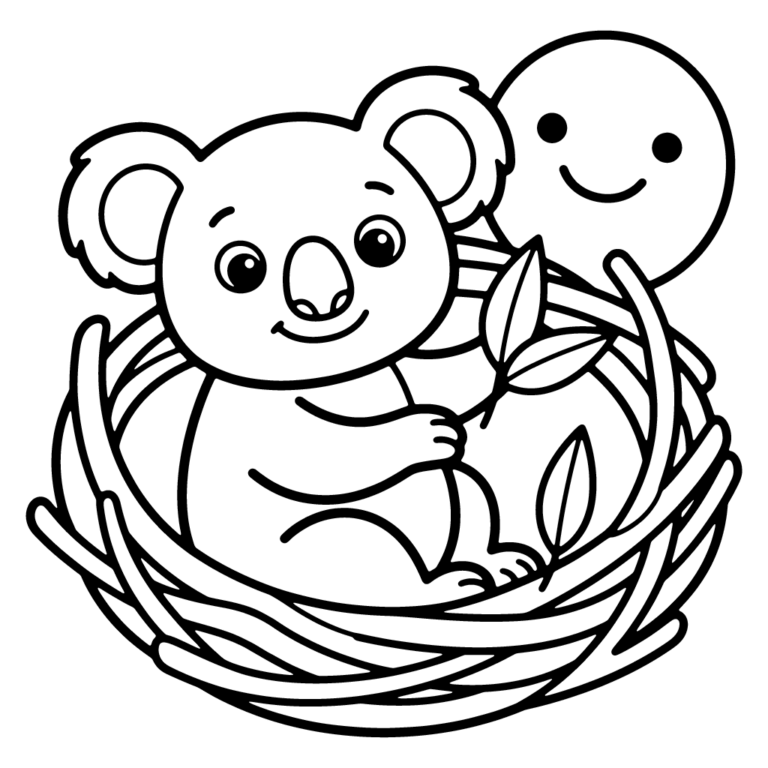 Na obrazku znajduje się uśmiechnięty koala siedzący w gniazdku i trzymający dwa eukaliptusowe listki.