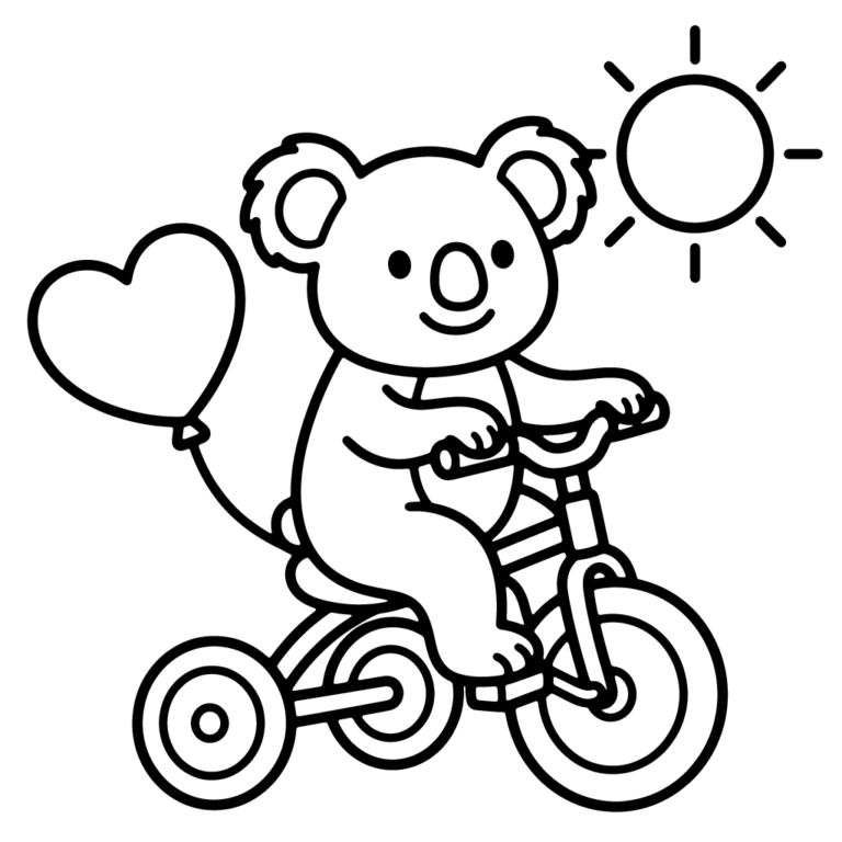 Na obrazku znajduje się uśmiechnięty mały koala jadący na trójkołowym rowerku z przyczepionym balonem w kształcie serca pod świecącym słońcem.