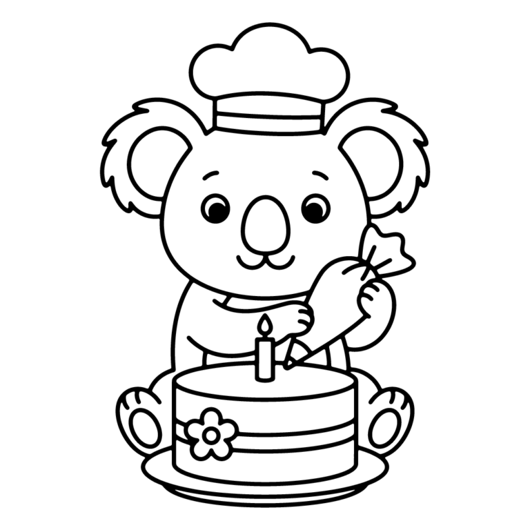 Na obrazku znajduje się uśmiechnięty miś koala w czapce kucharskiej, który ozdabia tort ze świeczką i kwiatkiem przy użyciu rękawa cukierniczego.