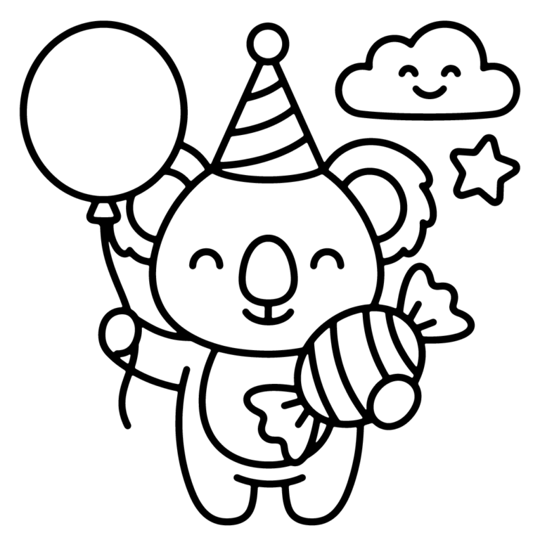 Na obrazku znajduje się uśmiechnięty koala w urodzinowej czapeczce, trzymający duży balon i wielkiego cukierka, a obok nich jest chmurka i gwiazdka.