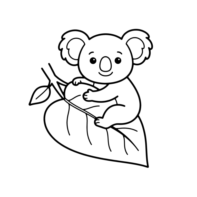 Na obrazku znajduje się uśmiechnięty koala siedzący na dużym liściu.