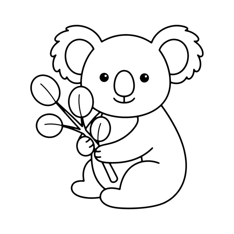 Na obrazku znajduje się uśmiechnięty koala trzymający w łapkach gałązkę eukaliptusa z listkami.