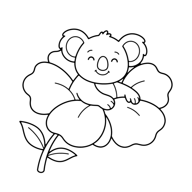 Na obrazku znajduje się wesoły, uśmiechnięty koala siedzący wygodnie wewnątrz dużego, otwartego kwiatka.