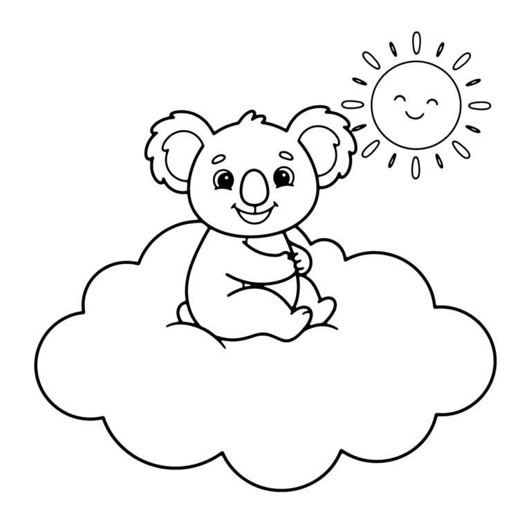 Na obrazku znajduje się uśmiechnięty koala siedzący wygodnie na dużej, miękkiej chmurze obok wesołego słoneczka.