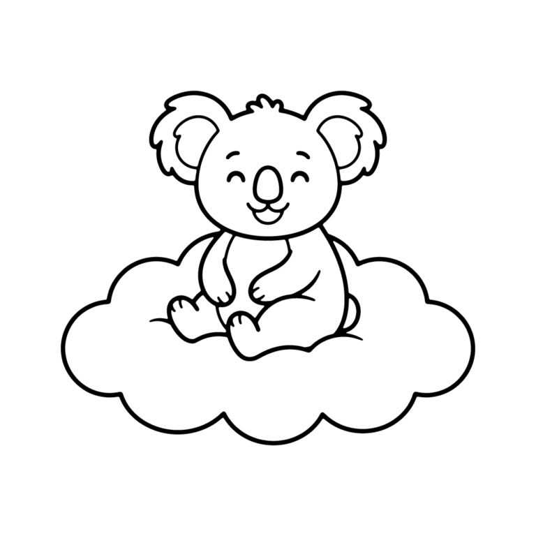 Na obrazku znajduje się uśmiechnięty miś koala siedzący wygodnie na puszystej chmurce.