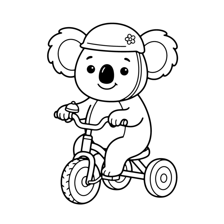 Na obrazku znajduje się uśmiechnięty miś koala w kasku, który radośnie jedzie na trójkołowym rowerku.