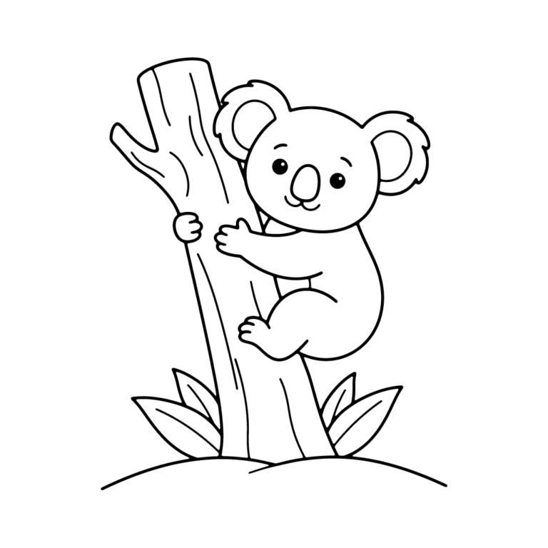 Na obrazku znajduje się uśmiechnięty, mały miś koala, który mocno trzyma się pnia drzewa i wspina się w górę.