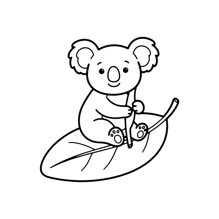 Na obrazku znajduje się uśmiechnięty miś koala, który siedzi na dużym, szerokim liściu i trzyma gałązkę.