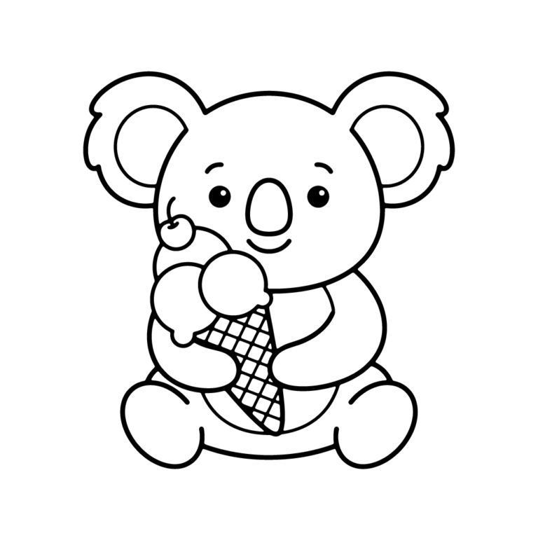 Na obrazku znajduje się wesoły mały koala, który siedzi i trzyma w łapkach duży wafelek z dwiema gałkami lodów i wisienką.
