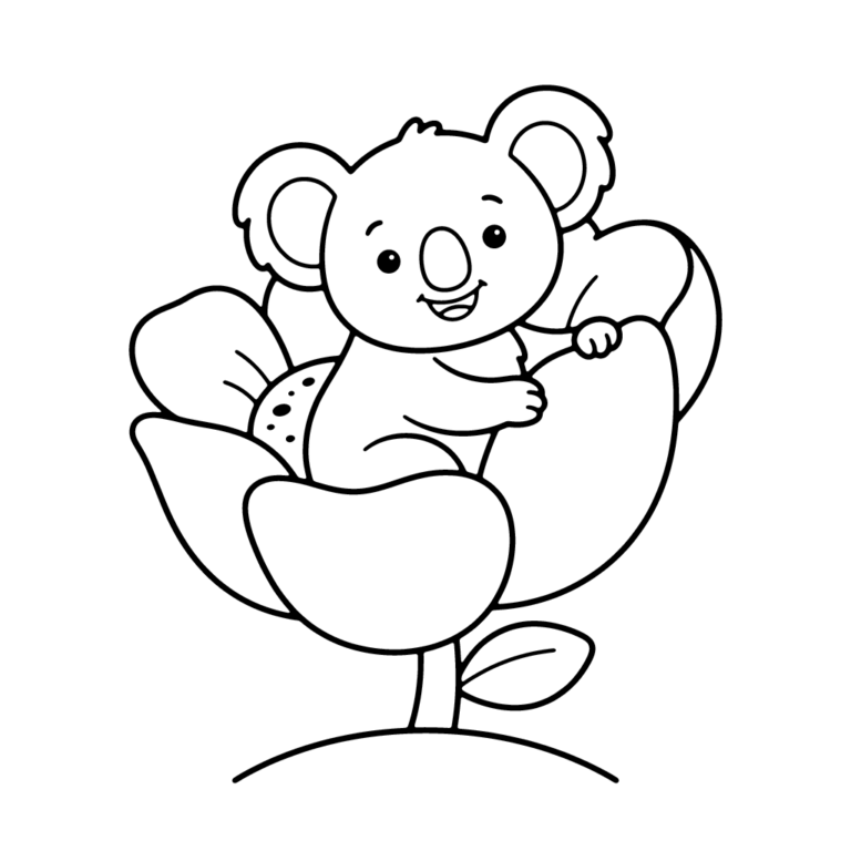 Na obrazku znajduje się uśmiechnięty mały koala, który wygodnie siedzi w środku dużego, otwartego kwiatka.