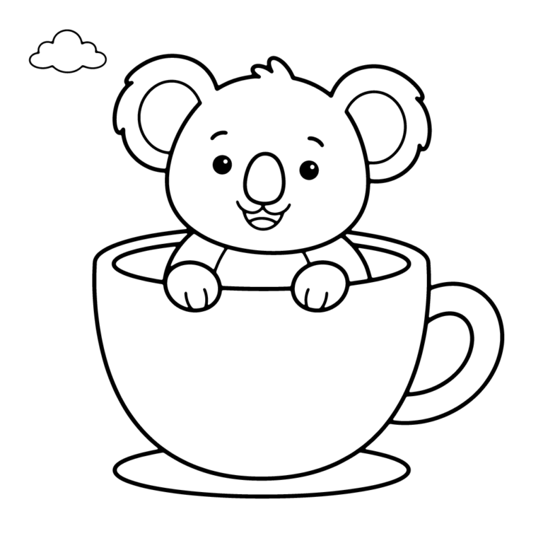 Na obrazku znajduje się uśmiechnięty miś koala, który siedzi wygodnie wewnątrz dużej, białej filiżanki ze spodkiem i małą chmurką w rogu.