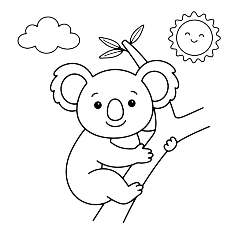 Na obrazku znajduje się uśmiechnięty miś koala siedzący na gałęzi drzewa w towarzystwie chmurki i roześmianego słoneczka.