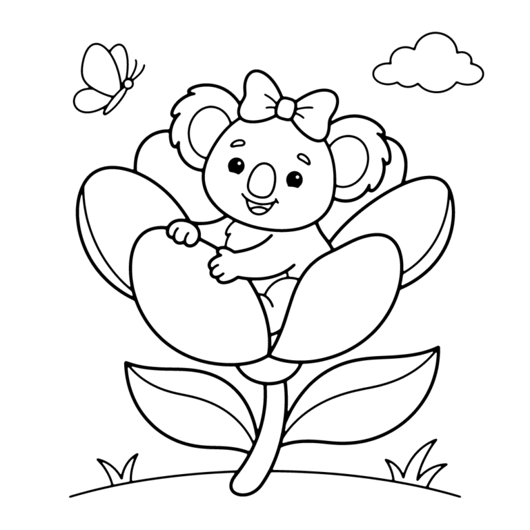 Na obrazku znajduje się uśmiechnięty miś koala z kokardką siedzący w wielkim kwiecie, któremu towarzyszy latający w pobliżu motyl oraz chmurka na niebie.