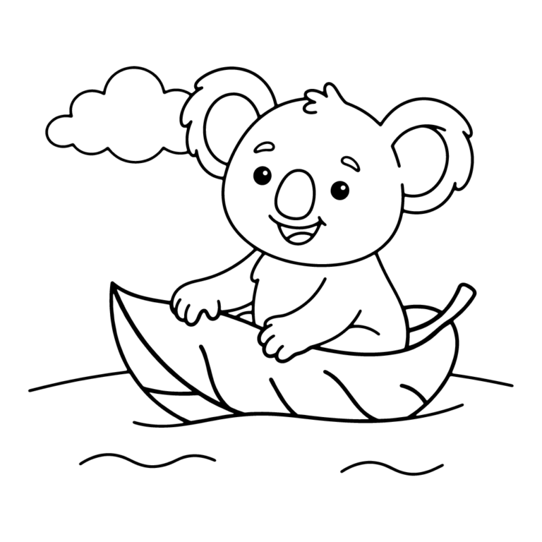 Na obrazku znajduje się uśmiechnięty miś koala, który płynie wesoło na wielkim zielonym liściu pełniącym funkcję łódeczki po spokojnej wodzie pod chmurką.