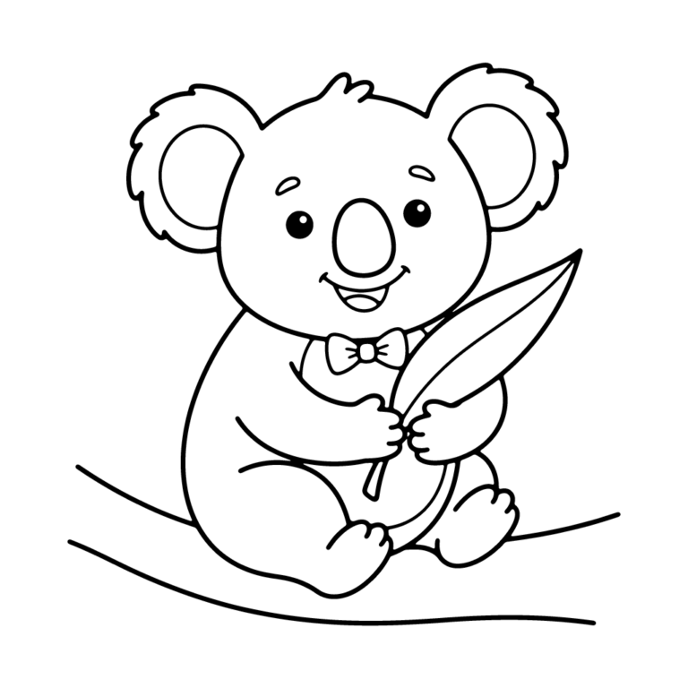 Na obrazku znajduje się uśmiechnięty miś koala z muchą pod szyją, który siedzi na gałęzi i trzyma w łapkach duży liść.