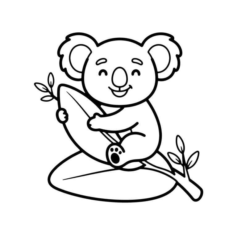 Na obrazku znajduje się uśmiechnięty koala siedzący na dużym liściu eukaliptusa.