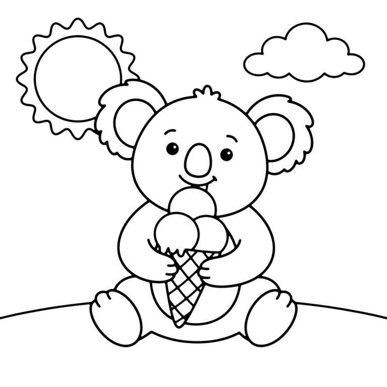 Na obrazku znajduje się uśmiechnięty koala siedzący na trawie i trzymający w łapkach duże lody w wafelku, w otoczeniu słońca i chmurki.