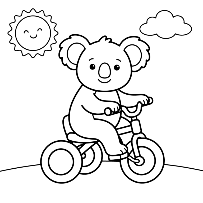 Na obrazku znajduje się uśmiechnięty koala siedzący na małym trójkołowym rowerku i trzymający kierownicę, z prostym słoneczkiem i chmurką w tle.