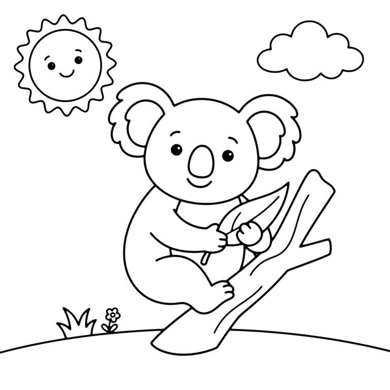Na obrazku znajduje się uśmiechnięty koala siedzący na grubej gałęzi eukaliptusa i trzymający w łapkach duży liść, z prostym słoneczkiem i chmurką w tle.