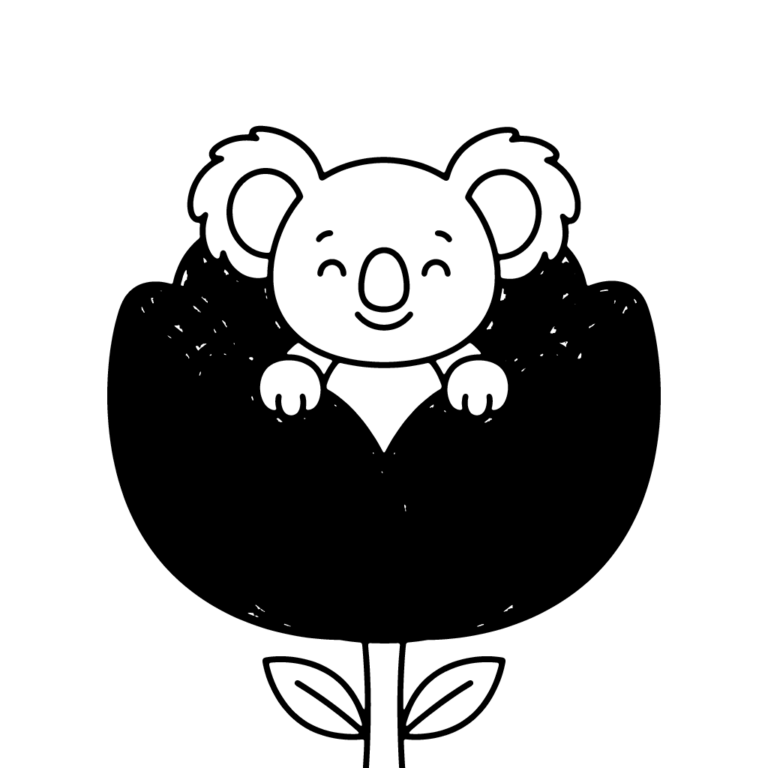 Na obrazku znajduje się uśmiechnięty mały koala, który radośnie siedzi w środku wielkiego kwiatu.