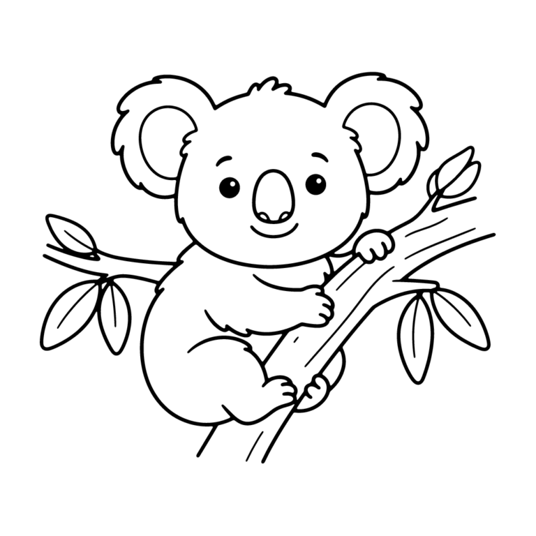 Na obrazku znajduje się uśmiechnięty, mały koala, który mocno przytula się do grubej gałęzi eukaliptusa.