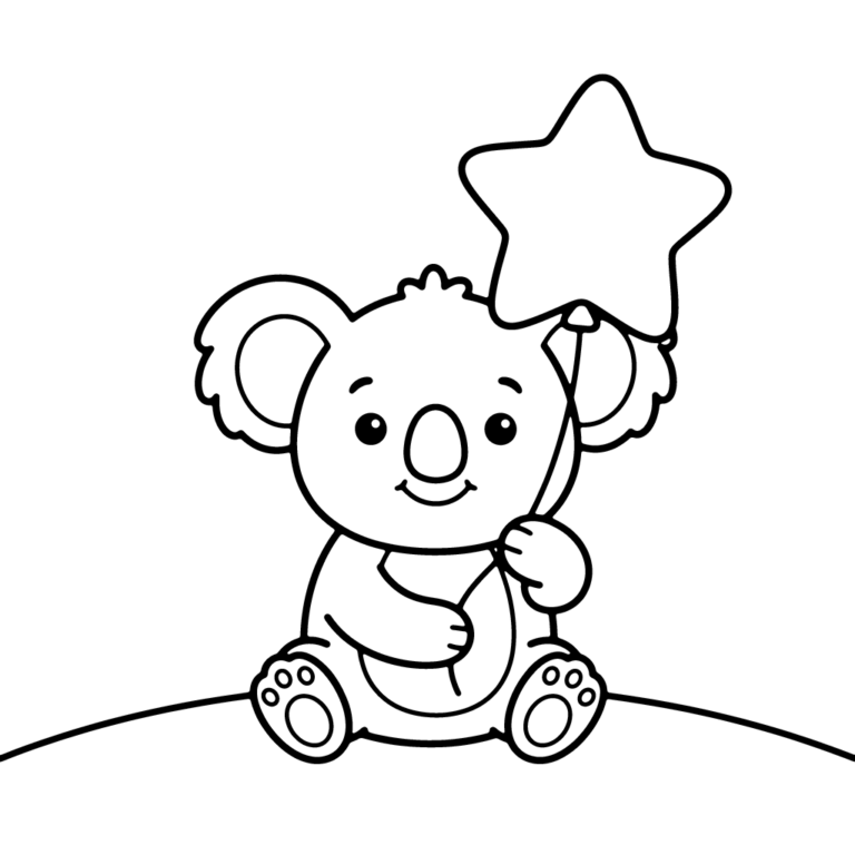 Na obrazku znajduje się uśmiechnięty mały koala, który siedzi na trawie i trzyma w łapce duży balon w kształcie gwiazdy.