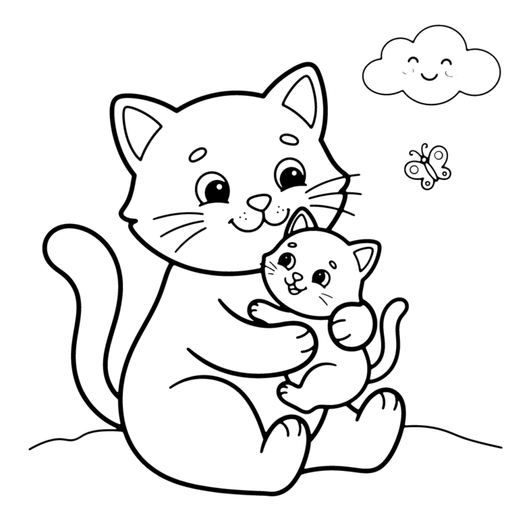 Na obrazku znajduje się duża, uśmiechnięta mama kotka, która czule przytula do siebie małego, wesołego kotka, a obok nich lata motylek i unosi się chmurka.