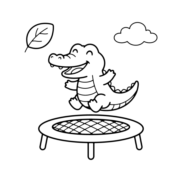 Na obrazku znajduje się roześmiany krokodylek, który podskakuje wysoko na małej trampolinie.