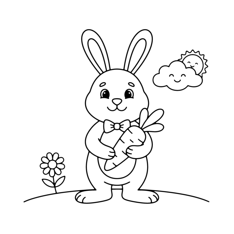 Na obrazku znajduje się uśmiechnięty króliczek z muchą pod szyją, trzymający w łapkach marchewkę, stojący na tle chmurki ze słońcem i kwiatka.