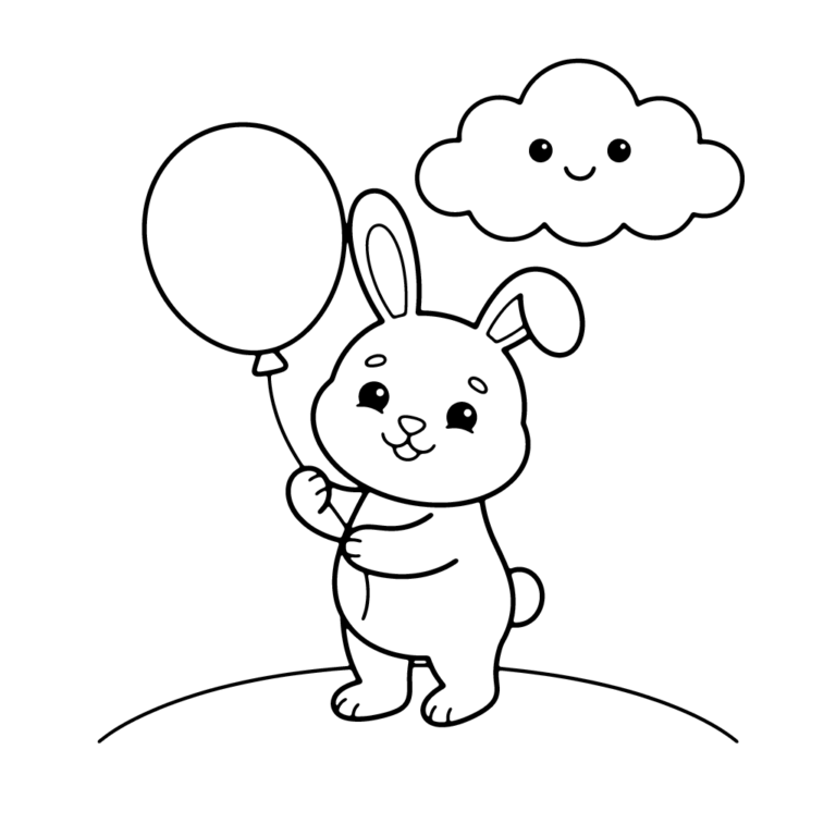 Na obrazku znajduje się uśmiechnięty króliczek stojący na wzgórzu, trzymający w łapce duży, okrągły balon, a nad nim unosi się chmurka z buzią.