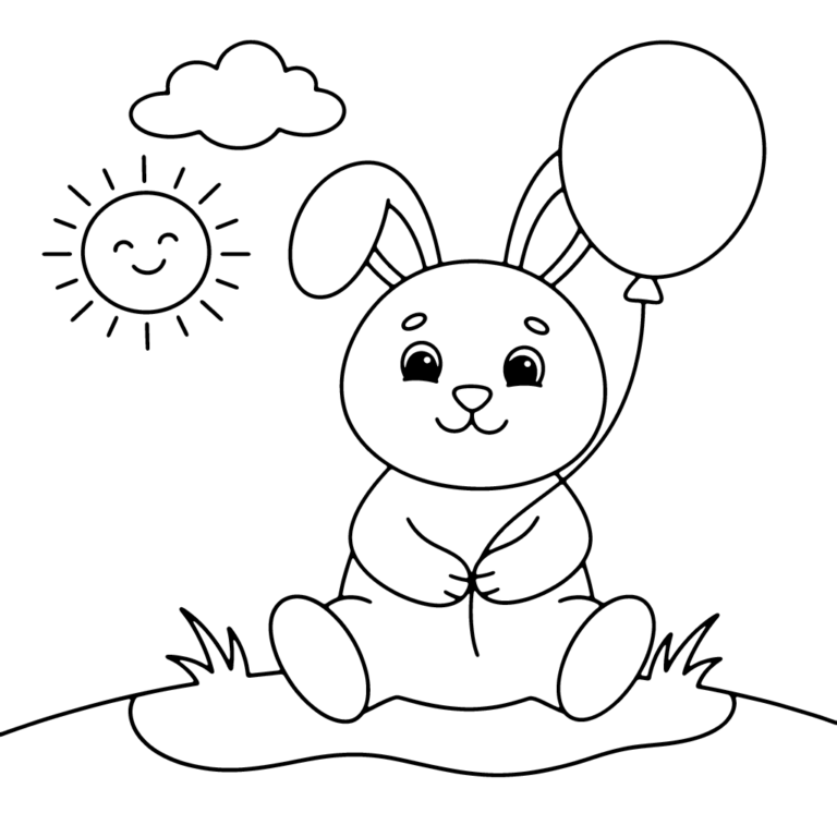Na obrazku znajduje się uśmiechnięty króliczek siedzący na trawie, który trzyma w łapce duży, okrągły balon.