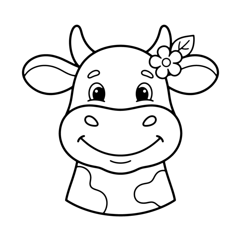 Na obrazku znajduje się duży, przyjazny portret głowy krowy z łatkami na szyi i małym kwiatkiem za uchem.
