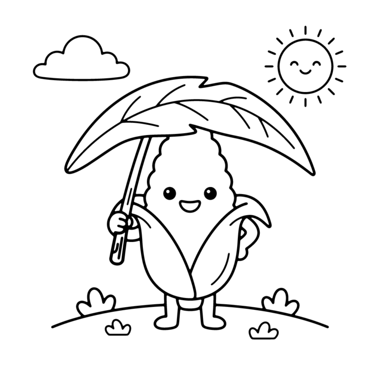 Na obrazku znajduje się uśmiechnięta kolba kukurydzy trzymająca duży, zielony liść nad głową jako parasol.