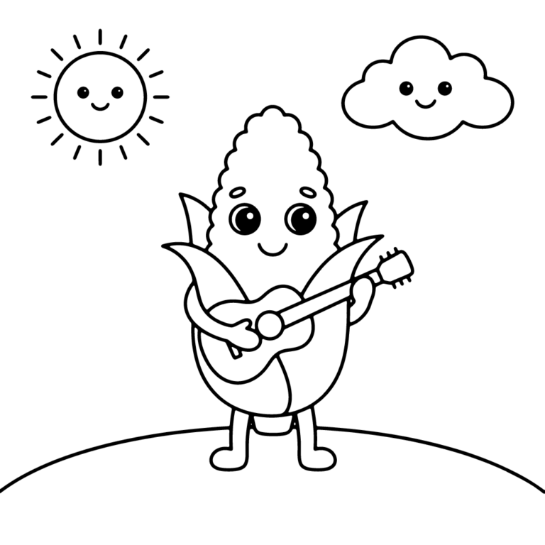 Na obrazku znajduje się uśmiechnięta kolba kukurydzy z rączkami i nóżkami, która stoi na zielonej łące i gra na małej gitarze pod uśmiechniętym słoneczkiem i chmurką.