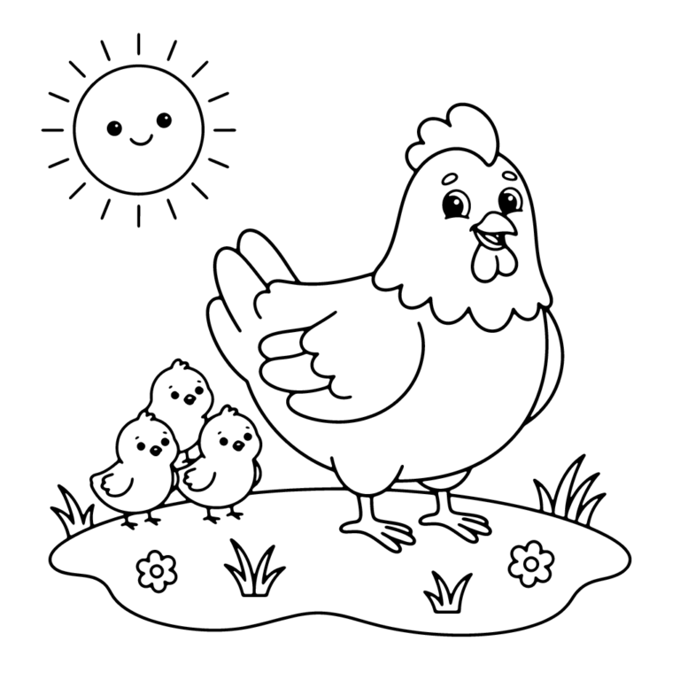 Na obrazku znajduje się uśmiechnięta mama kura w towarzystwie trzech małych pisklaczków spacerujących po trawie pod uśmiechniętym słoneczkiem.