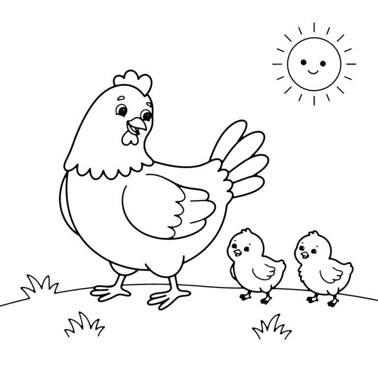 Na obrazku znajduje się wesoła mama kura, która idzie przez łąkę, a za nią podążają dwa małe, uśmiechnięte pisklaczki, a nad nimi świeci słońce.