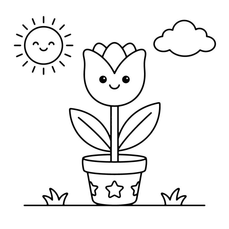 Na obrazku znajduje się duży, uśmiechnięty tulipan rosnący w doniczce ozdobionej gwiazdkami, nad którym świeci radosne słoneczko i unosi się chmurka.
