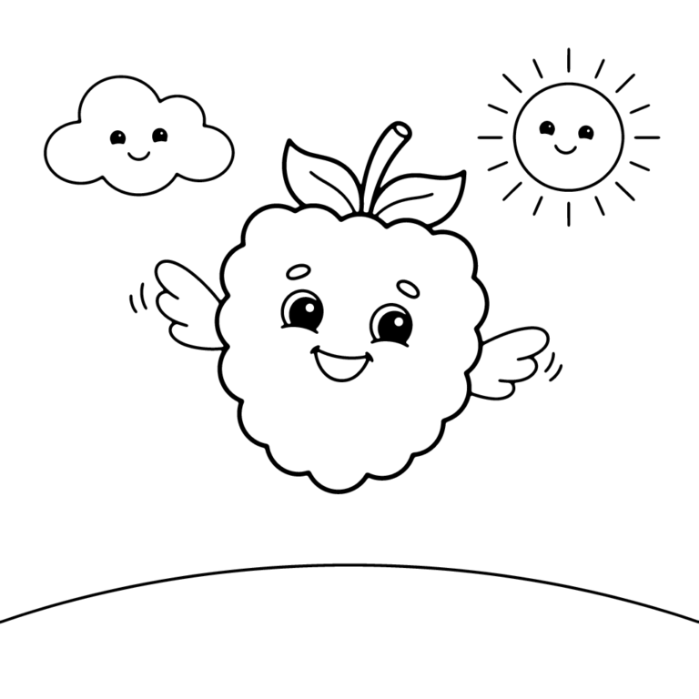 Na obrazku znajduje się uśmiechnięta, uskrzydlona malinka latająca wysoko na niebie, obok wesołego słoneczka i puszystej chmurki, z pojedynczą linią horyzontu na dole.