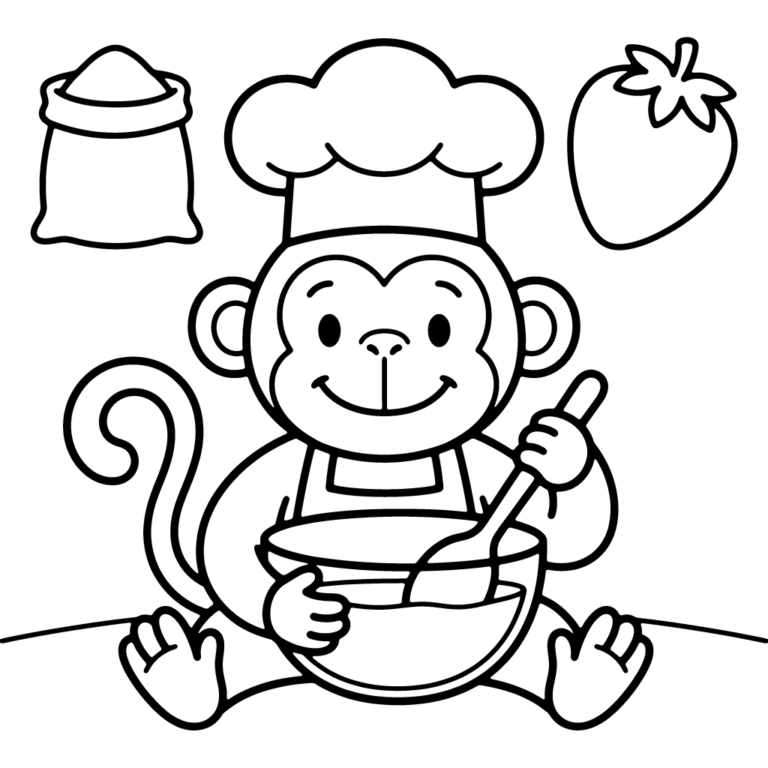 Na obrazku znajduje się uśmiechnięta małpka w czapce kucharskiej, która miesza ciasto w misce.