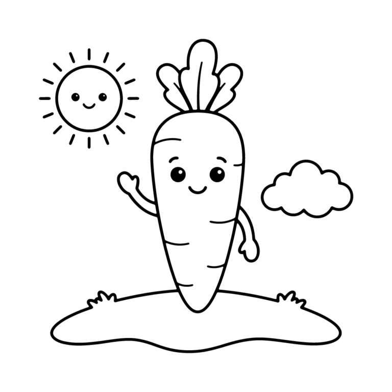 Na obrazku znajduje się duża, uśmiechnięta marchewka z zieloną natką, która stoi na kępce trawy i radośnie macha jedną ręką-korzeniem.