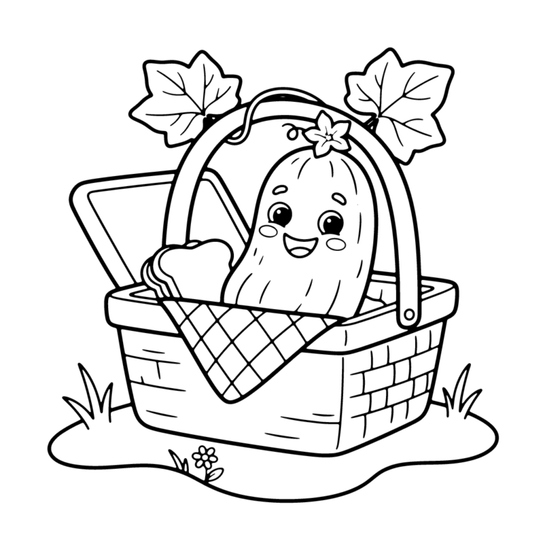 Na obrazku znajduje się uśmiechnięty ogórek z listkiem na głowie, który siedzi w wiklinowym koszu piknikowym pełnym smakołyków.