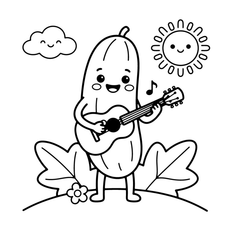 Na obrazku znajduje się uśmiechnięty ogórek, który stoi na łące i gra na małej gitarze akustycznej pod wesołym słoneczkiem i chmurką.
