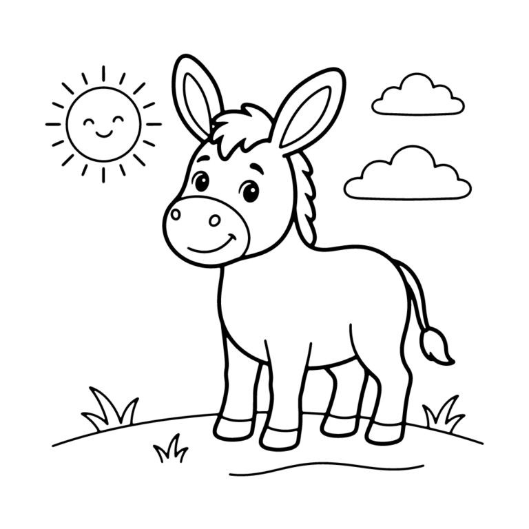 Na obrazku znajduje się uśmiechnięty osiołek stojący na polanie w towarzystwie uśmiechniętego słoneczka i dwóch chmurek.