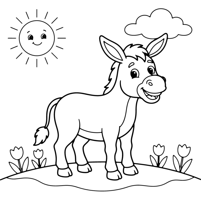 Na obrazku znajduje się stojący na polanie uśmiechnięty osiołek w otoczeniu tulipanów, uśmiechniętego słoneczka oraz chmurki.
