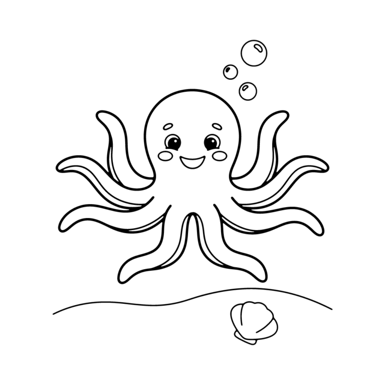 Na obrazku znajduje się uśmiechnięta, przyjazna ośmiorniczka unosząca się nad dnem oceanu, na którym leży samotna muszla, a obok głowy zwierzęcia widać trzy bąbelki powietrza.