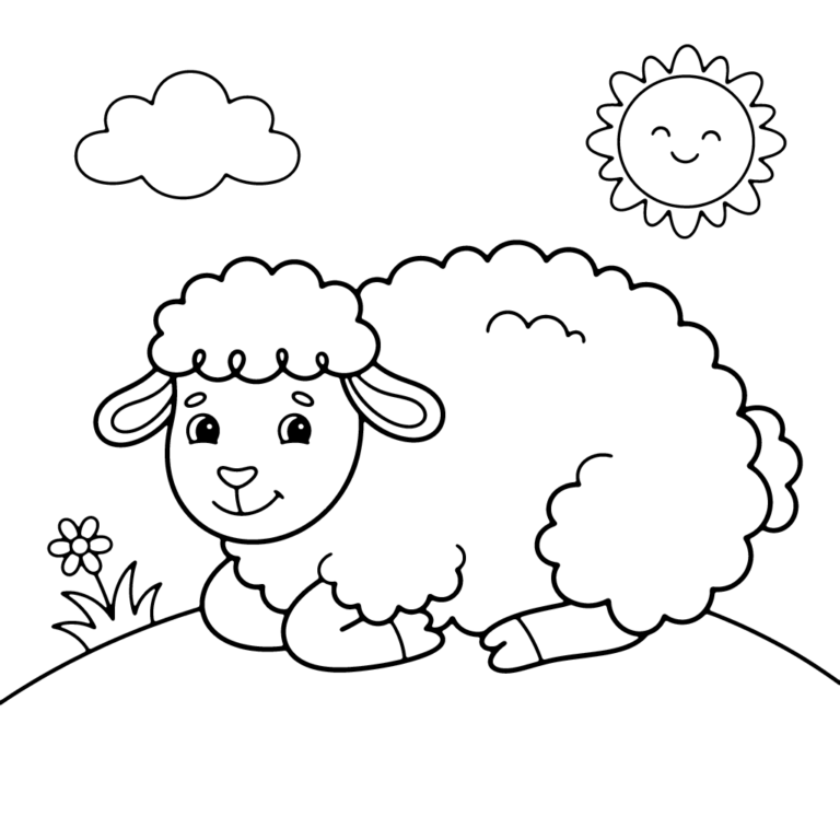 Na obrazku znajduje się uśmiechnięta, puszysta owieczka, która leży spokojnie na zielonej trawie w towarzystwie małego kwiatka, chmurki i słońca.