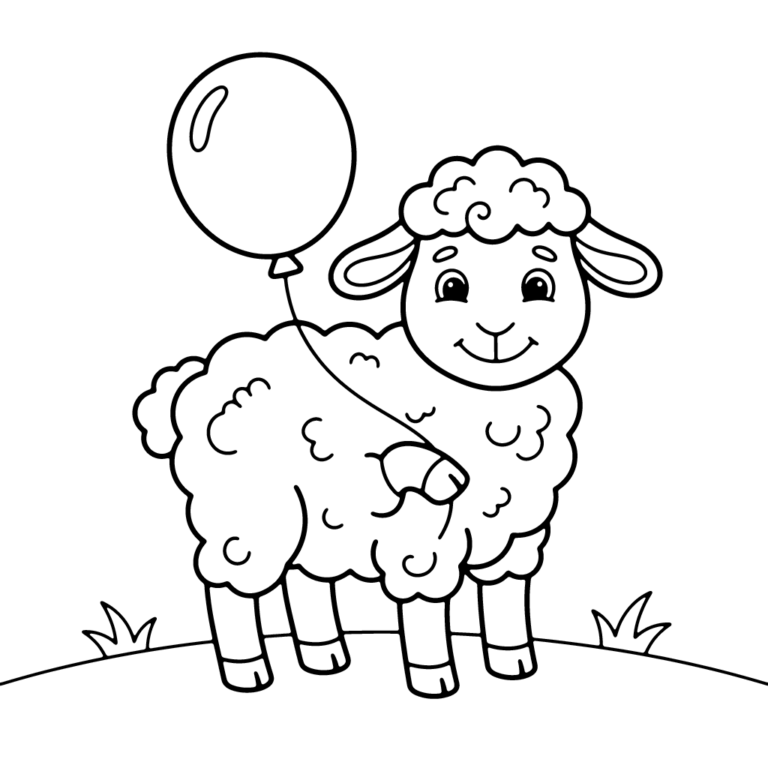 Na obrazku znajduje się puszysta owieczka stojąca na trawie, trzymająca na sznurku duży balon.