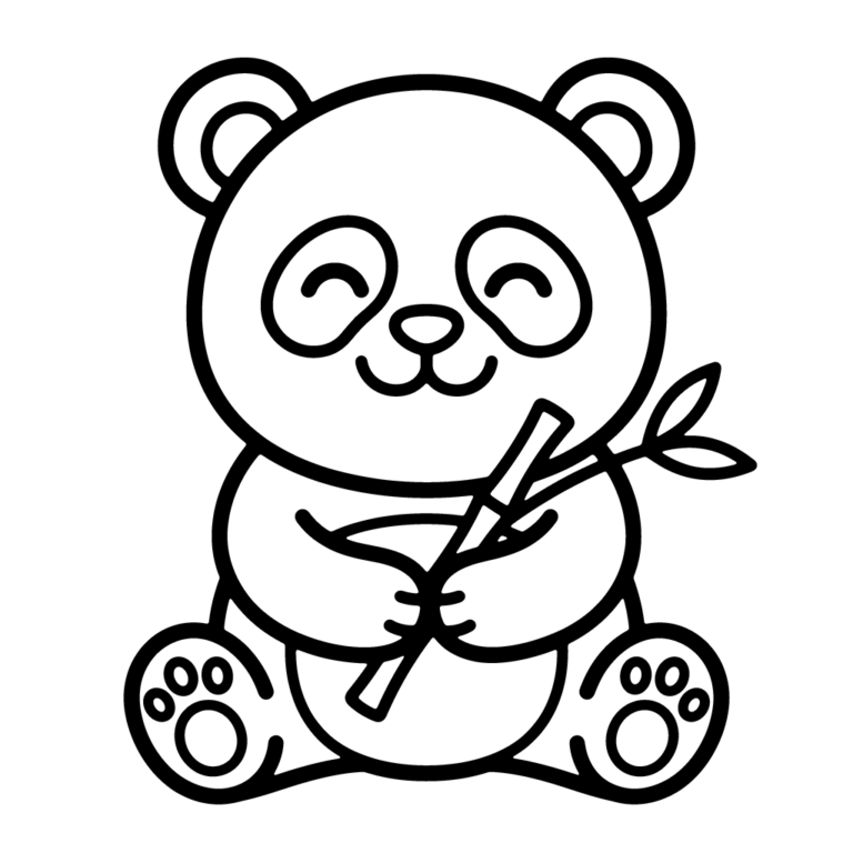 Na obrazku znajduje się uśmiechnięta mała panda siedząca na środku i trzymająca w łapkach gałązkę bambusa.