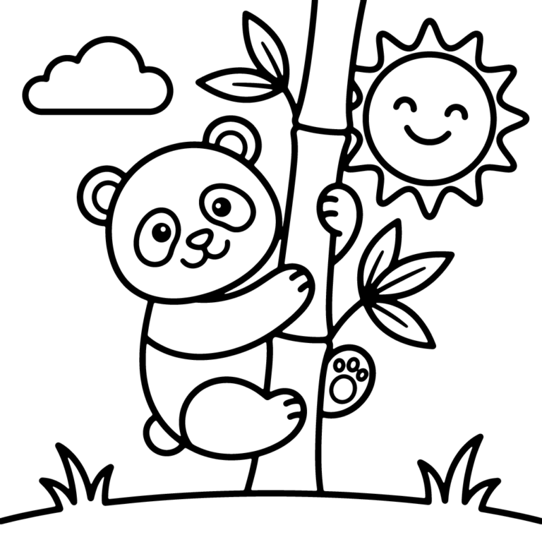 Na obrazku znajduje się wesoła mała panda wspinająca się na wysoki pień bambusa pod uśmiechniętym słoneczkiem i chmurką.