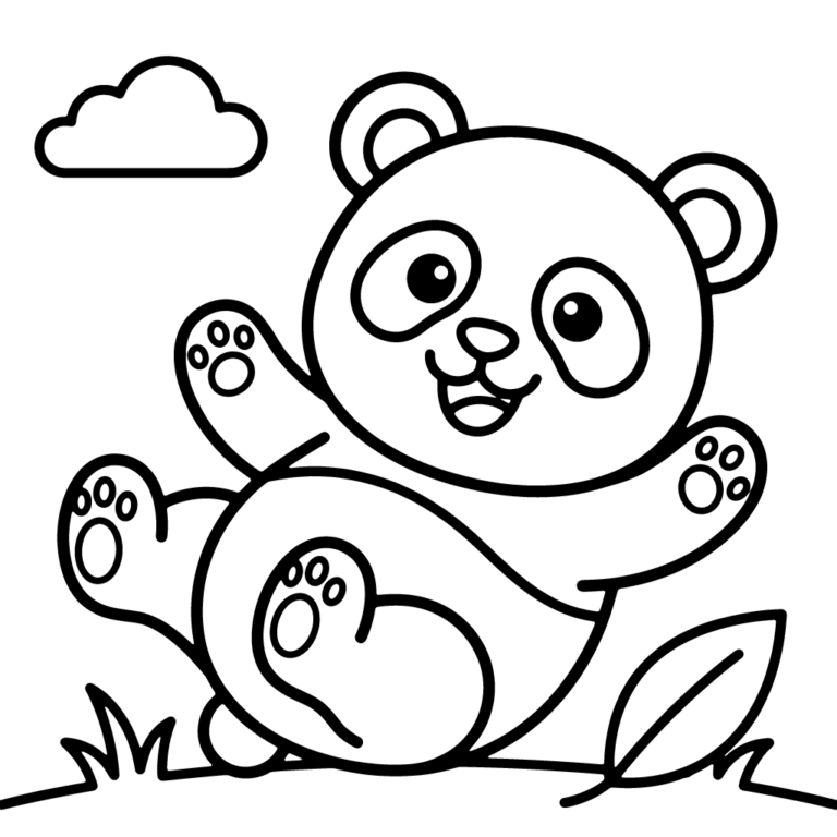 Na obrazku znajduje się wesoła panda leżąca na boku na trawie, z podniesionymi łapkami i szerokim uśmiechem, obok dużej chmurki i liścia.